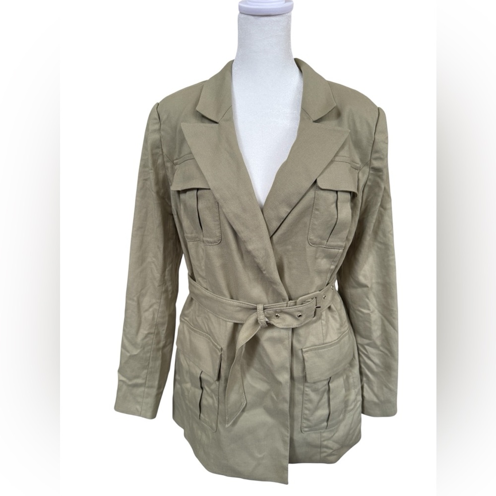 White House Black Market Belted Safari Jacket Elm Tan Lyocell Blazer Size 8